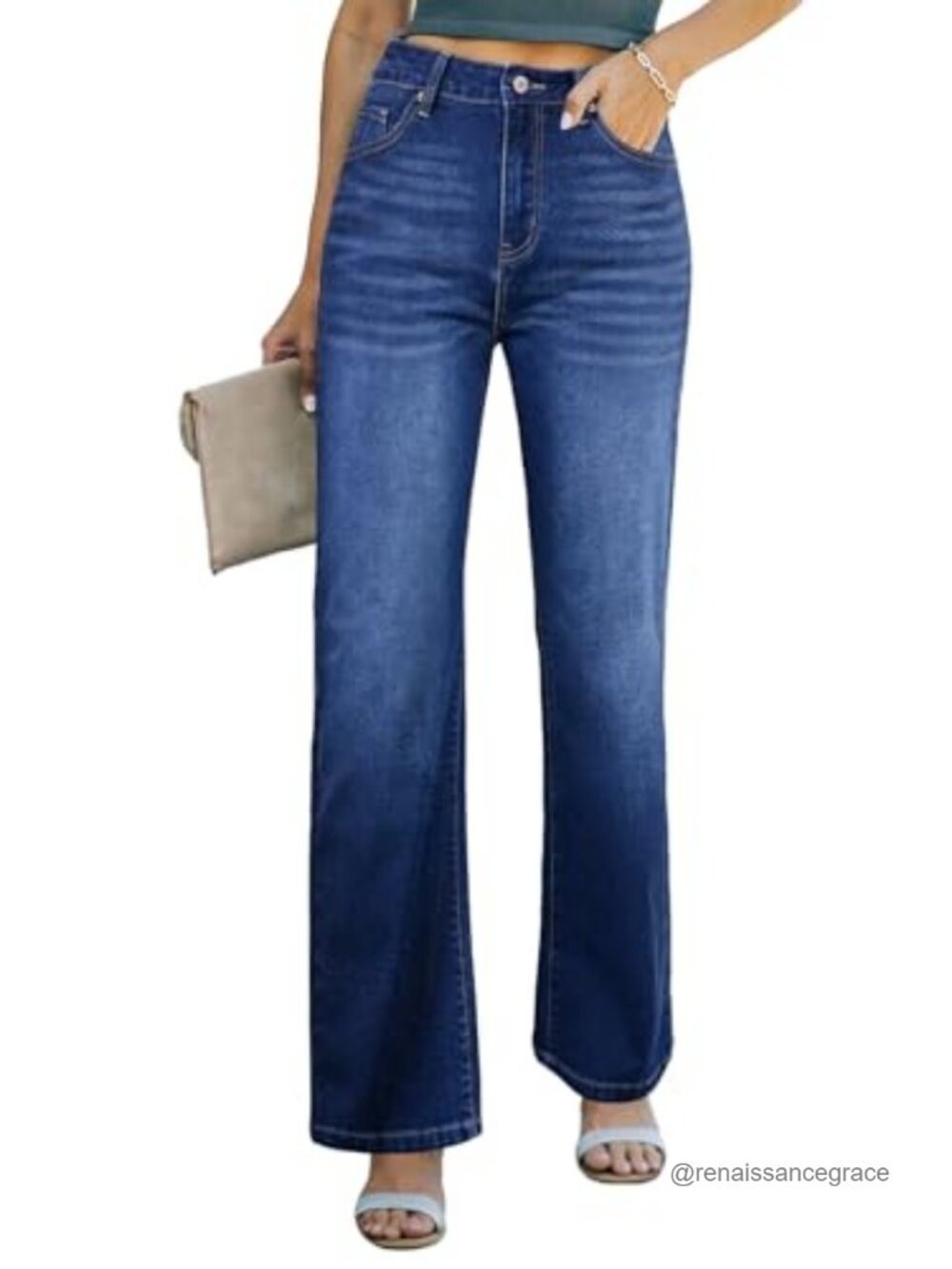 High Rise Wide Leg Straight Jeans Cotton Blend Stretch Denim Pants